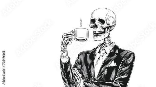 Funny Skeleton Holding Coffee Monochrome Spooky