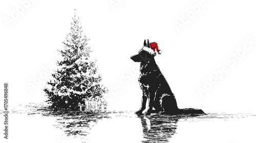 German Shepherd Dog Wearing Santa Hat by Christmas Tree