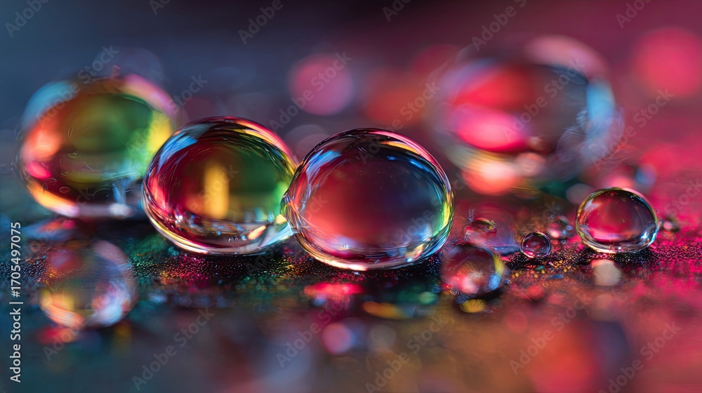 Naklejka premium Abstract macro of crystal clear liquid droplets with rainbow refraction highlights, bold color blend of red, green, and blue, shallow depth of field, subtle backlight glow