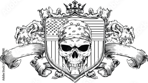 Gothic Coat of Arms with Skull and Bandanna on Americana Theme