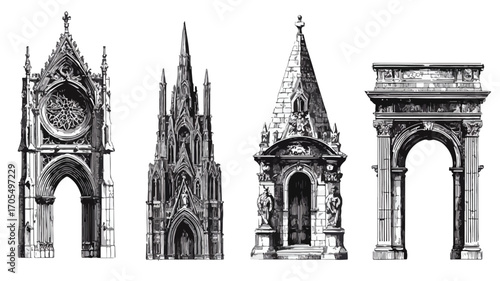 Gothic Architecture Engravings Collection Featuring Ornate Designs and Detailed Structures