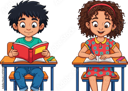 Cartoon kids studying in classroom, boy reading book, girl writing in notebook, school education concept, cute children learning illustration