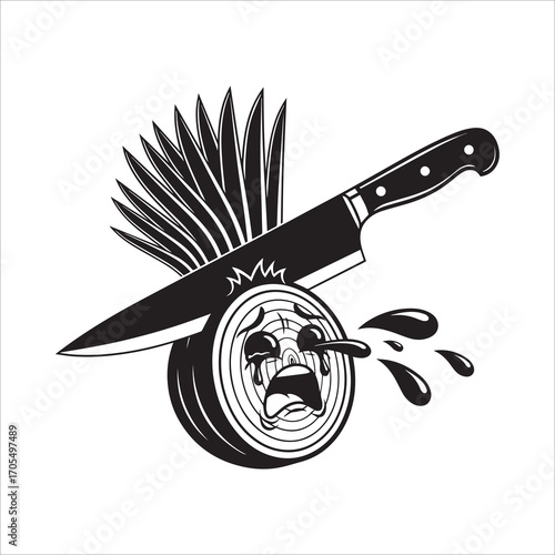 Vector art of onion crying while being stabbed by a knife