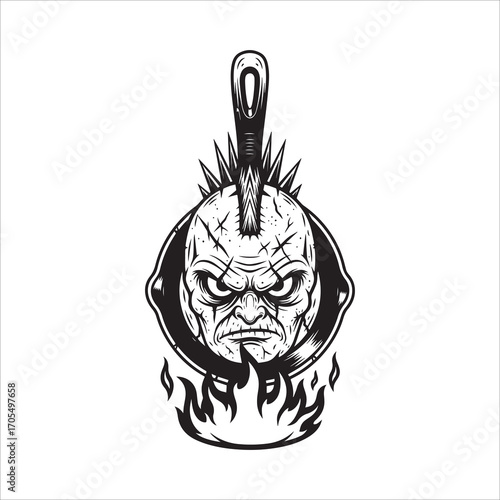 Vector art of an angry punk face in a frying pan