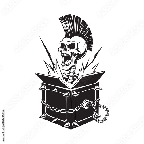 Vector art of a punk skull jumping out of a box