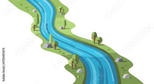Curving River Flowing Through Green Landscape with Trees and Rocks.