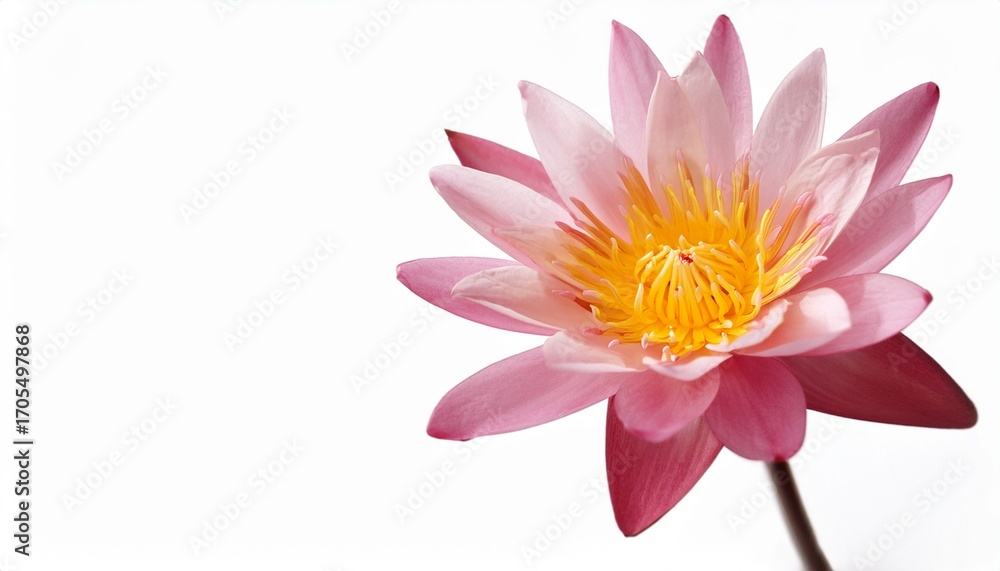 Obraz premium Beautiful Pink Water Lily Blossom With Yellow Center On White Background