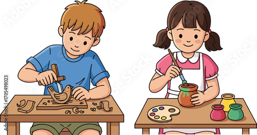 Creative boy carving wooden bird, girl painting pottery, kids arts and crafts activities, children focused on handmade projects, art education