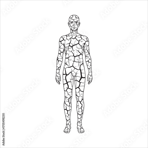 Vector art of cracked human body symbolizing fragility and aging