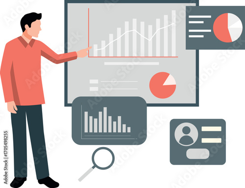 A boy is pointing business graph.