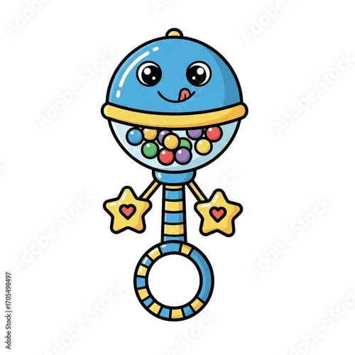 Cute Blue Baby Rattle Toy with Colorful Balls and Stars.