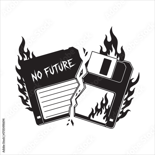 Vector art of broken floppy disk with flames and the words no future isolated on white