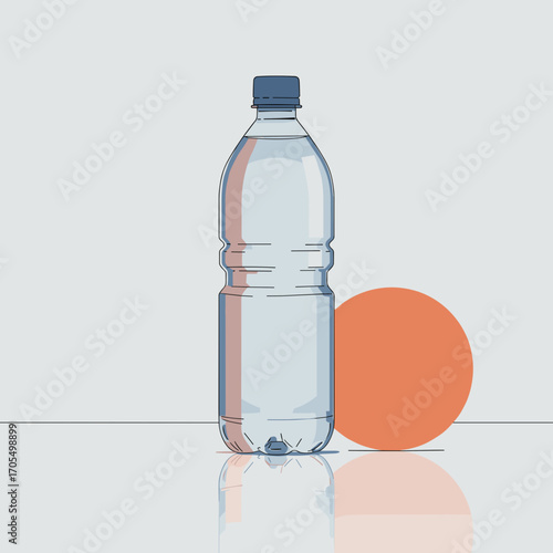 Plastic water bottle beside orange ball on minimal background  
