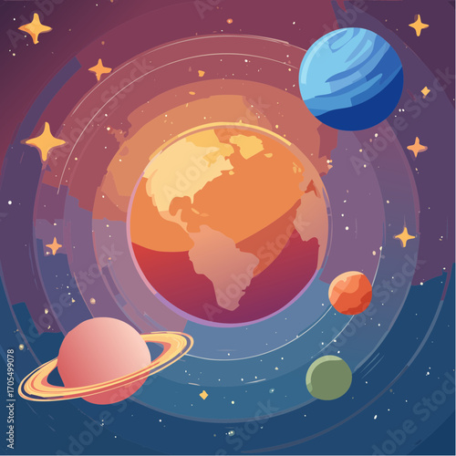 Vector abstract illustration of a galaxy and space with planets earth and mars. A drawing of a night starry sky for a pattern, background or texture.