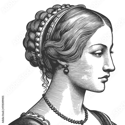 16th century noblewoman wearing a floral headdress, elegant gown, and jewelry, Renaissance fashion and beauty sketch engraving generative ai vector. Scratch board imitation. Black and white.