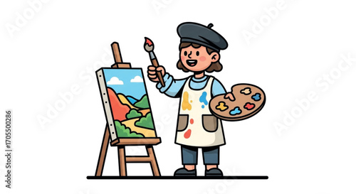 Young artist painting a landscape on an easel.