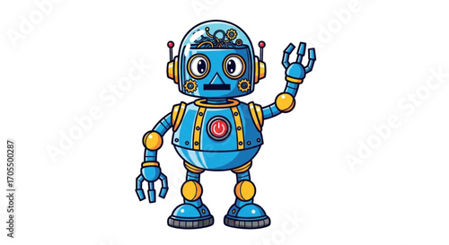 Cute Blue Retro Robot Waving Hello.