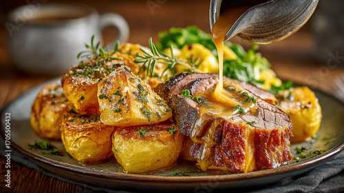 Roasted potatoes and succulent beef with gravy, garnished with herbs, create comforting and hearty meal
