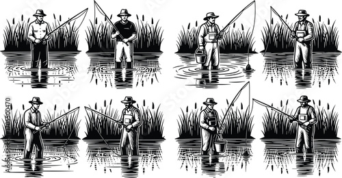 Vintage fishing illustration, fisherman standing in water, retro angler artwork, black and white drawing, river fishing scene, outdoor hobby design