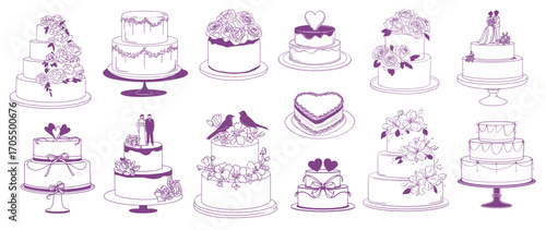 Wedding cakes line art decoration and frames. Whimsical coquette dessert with heart, floral rose and bow decorations, figurines, romantic love vector design