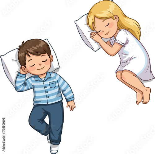Cute children sleeping peacefully, boy and girl in pajamas, bedtime cartoon illustration, cozy night rest, adorable childhood dreams, vector artwork