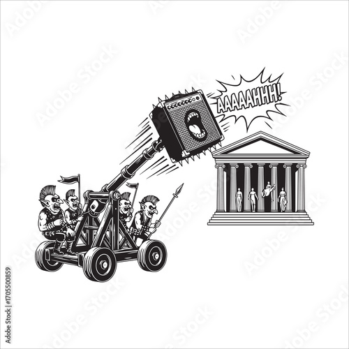 Vector art of cartoon of a catapult launching a camera at a building