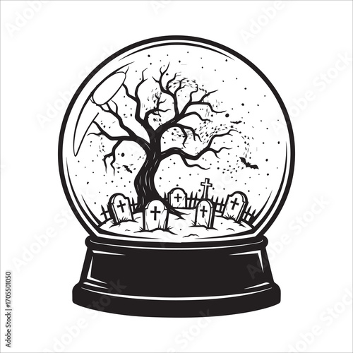 Vector art of snow globe with graveyard scene