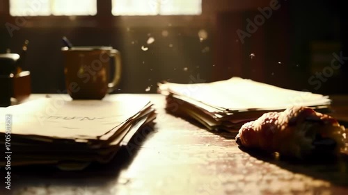 Dusty old desk with papers, mug, and letter opener illuminated by sunlight, vintage style