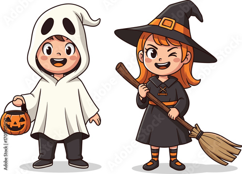 Cute kids in Halloween costume, ghost and witch characters, holding pumpkin and broom, trick or treat, cartoon holiday illustration