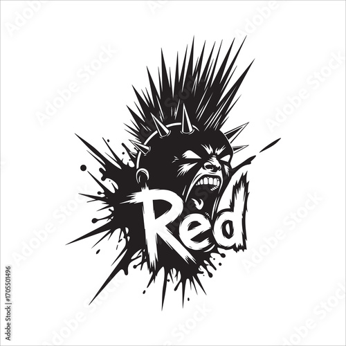 Vector art of aggressive punk rocker head with red text