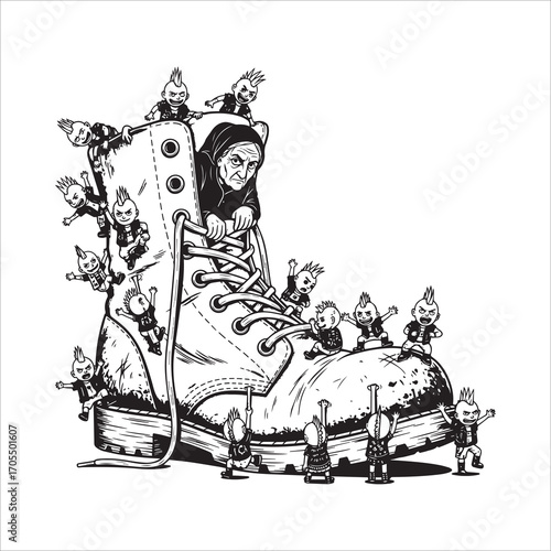 Vector art of the old woman lives in a shoe with many children