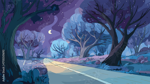 Enchanting Magic Evening Night Forest Cartoon Landscape