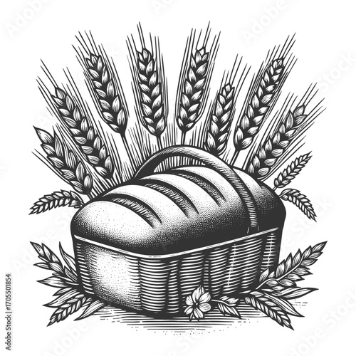 fresh bread loaf surrounded by wheat ears, symbolizing bakery, harvest and tradition sketch engraving generative ai vector illustration. Scratch board imitation. Black and white image.