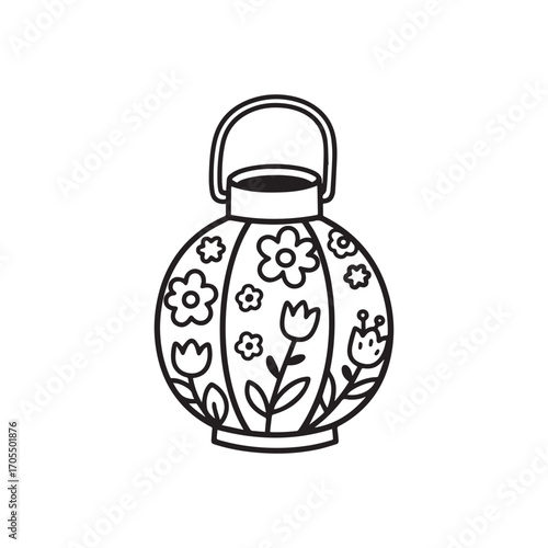 Round Lantern with Floral Patterns and Handle Silhouette on white Background.