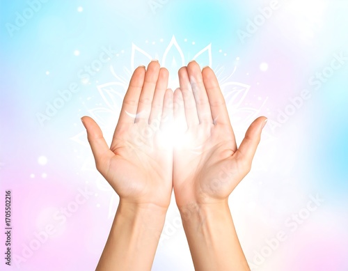Hands cupped together, light emanating, soft pastel background