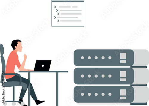 A man is working on network server.