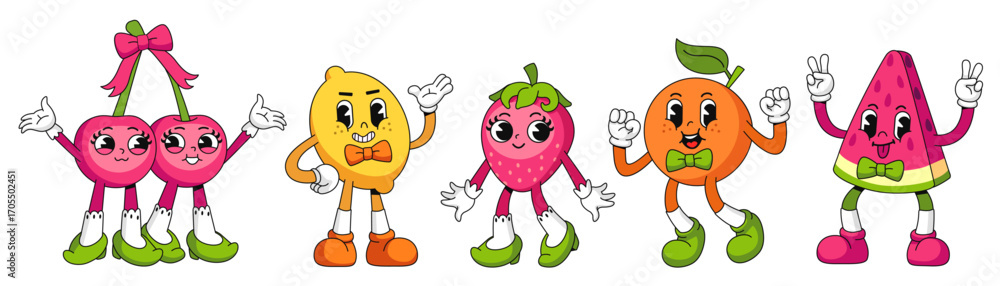 Fototapeta premium Funky 70s retro cartoon characters fruit mascots with faces. Cute comic orange, lemon, cherry, strawberry, watermelon vector set