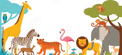 Cute colorful African safari animals cartoon illustration with giraffe, owl, zebra, tiger, flamingo, lion, elephant, monkeys, wild nature scene