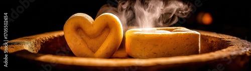 A beautifully crafted heart-shaped cheese and a round cheese piece emit steam, set against a dark background, Ideal for food blogs, culinary articles