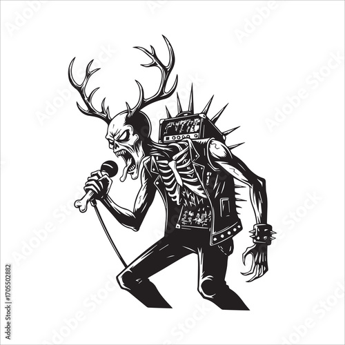 Vector art of skeleton punk rocker with antlers singing