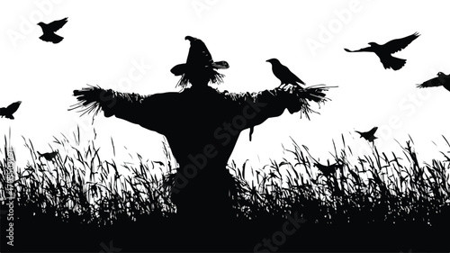 Scarecrow with Crows in Field Black Silhouette for Creative Projects