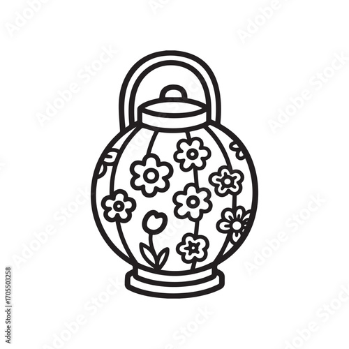 Round Lantern with Floral Patterns and Handle Silhouette on white Background.