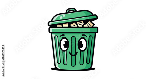 Cute cartoon green trash can with a happy face.