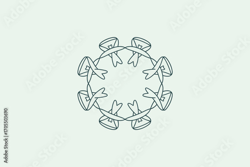 Circular arrangement of ribbon like shapes interconnected on a light background, symmetrical design element