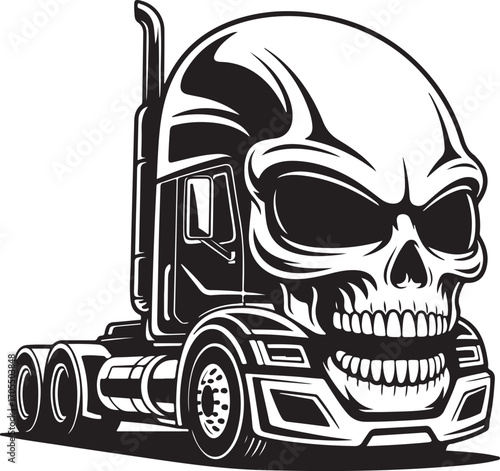 Black and white illustration of a semi-truck with a skull for a cab tractor-trailer head