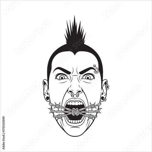 Vector art of punk rocker with barbed wire in mouth