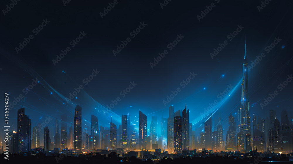 Fototapeta premium Night lights, a city of modern business and smart digital innovation with a network of interconnected rewards over the cityscape of the future smart wireless digital city and social media network that