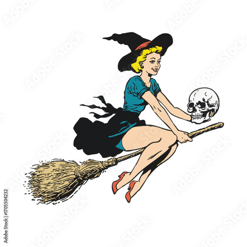 Retro Pin-Up style Witch Flying on a broomstick
