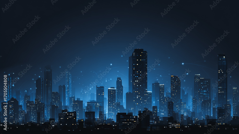 Fototapeta premium Night lights, a city of modern business and smart digital innovation with a network of interconnected rewards over the cityscape of the future smart wireless digital city and social media network that