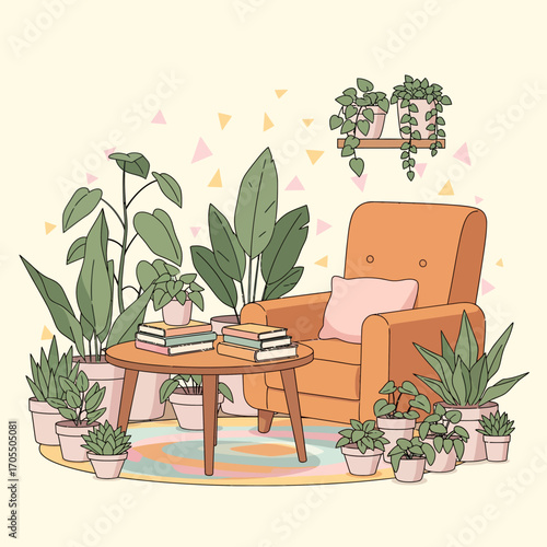 Cute vintage-inspired cozy corner with a comfortable armchair, books, and an abundance of green plants for a relaxing home interior